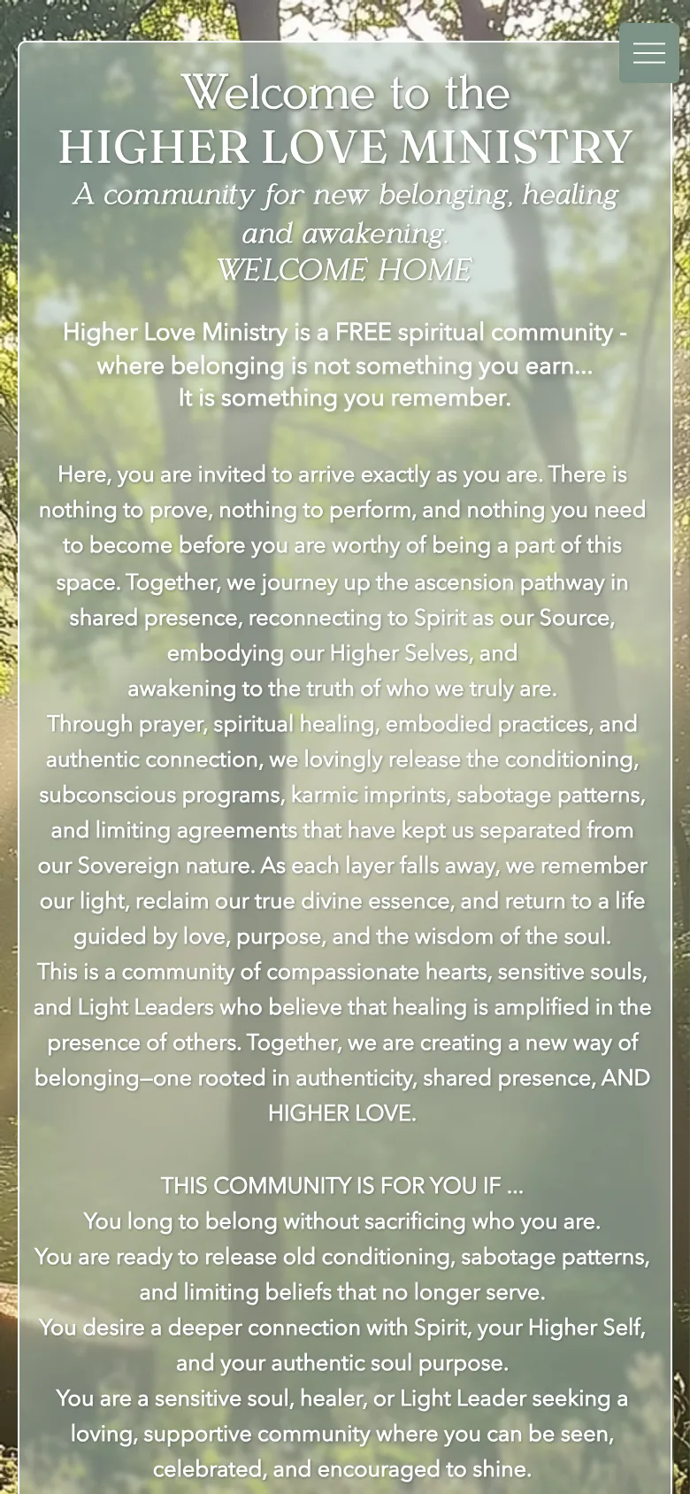 Higher Love Ministry website on mobile