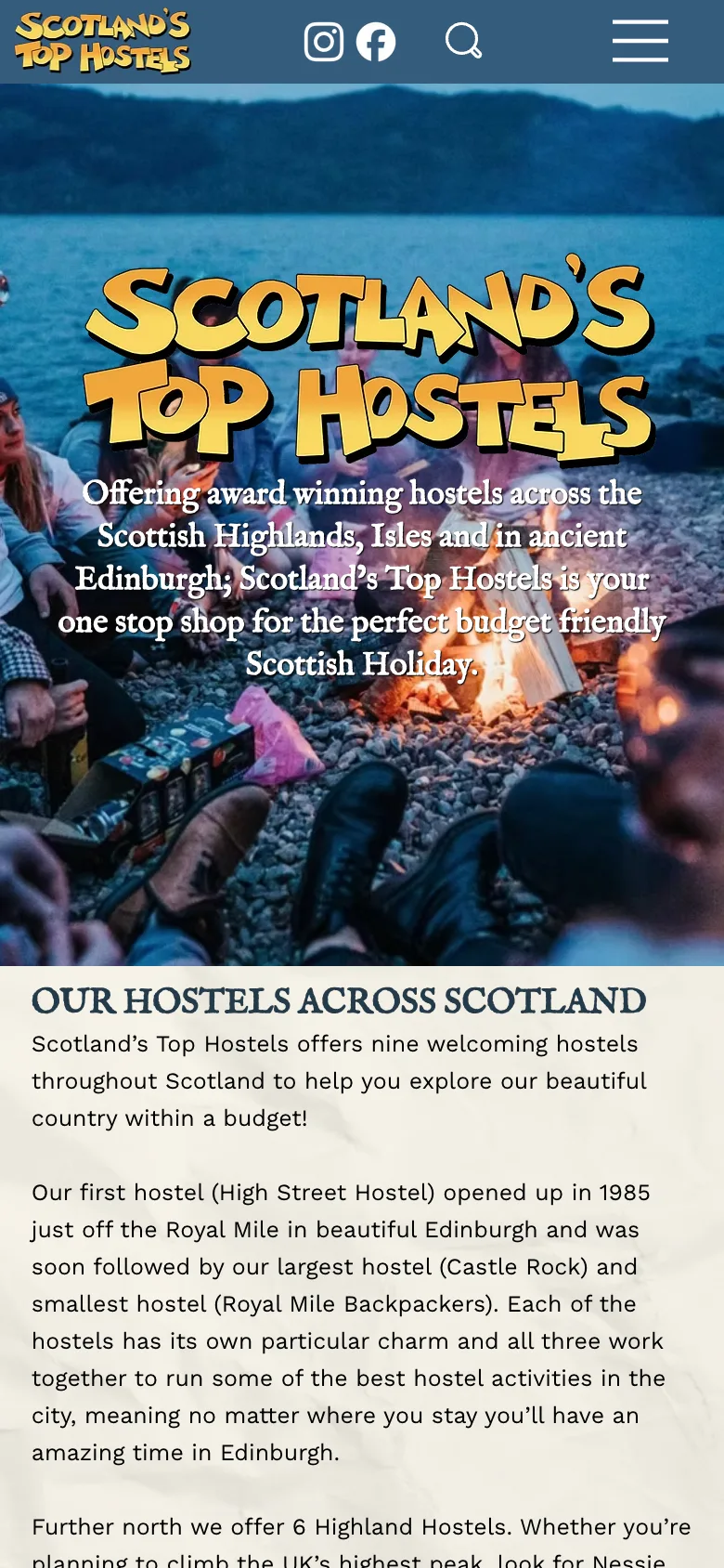 Scotland's Top Hostels website on mobile